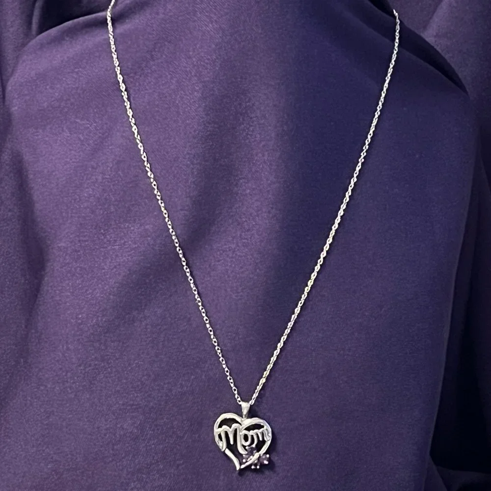 Sterling Silver MOM Heart Pendant, Amethyst & Diamond Accent - Mother’s Day Gift - Picture 2 of 13